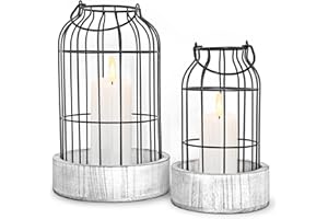 Livelab Modern Farmhouse Lantern Decor, [Refined] Rustic Home Decor Lanterns, Wire Metal Cloche Decorative Candle Holder for Living Room, Fireplace Mantle, Bathroom Countertop, Valentine's Day Decor