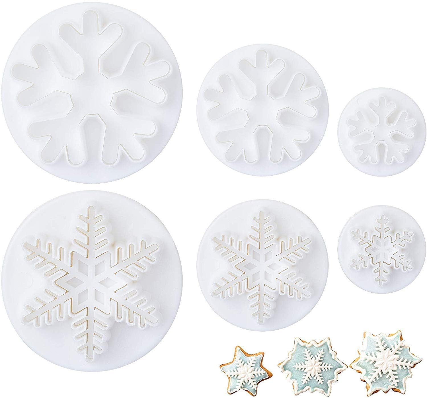 LIHAO 6tlg Fondant Ausstecher Schneeflocken Ausstechformen Auswerfer Stempel Tortendeko Set für Kuchen Torte Kekse Schokolade Gelee, Weiß (MEHRWEG)