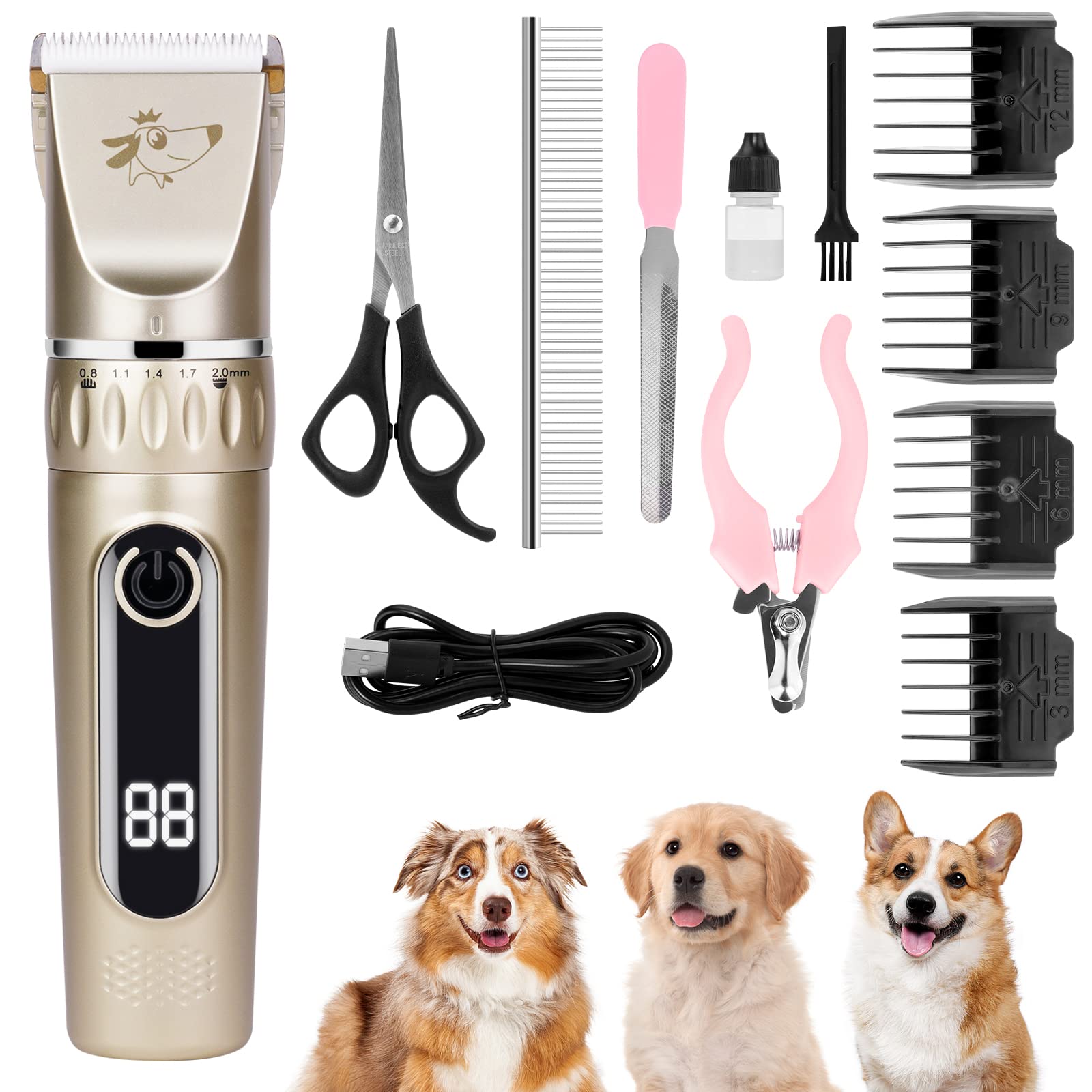 vsshe Dog Clippers, Professional Dog Grooming Clippers Kit, Low Noise Rechargeable Cordless Dogs Grooming Clipper, Electric Pet Clipper Hair Trimmer for Dogs, Cats and Other Animals, Gold