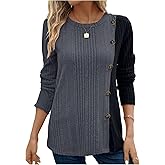 SHENHE Women's Color Block Long Sleeve Tee Shirt Button Front Crewneck Ribbed Knit Tops