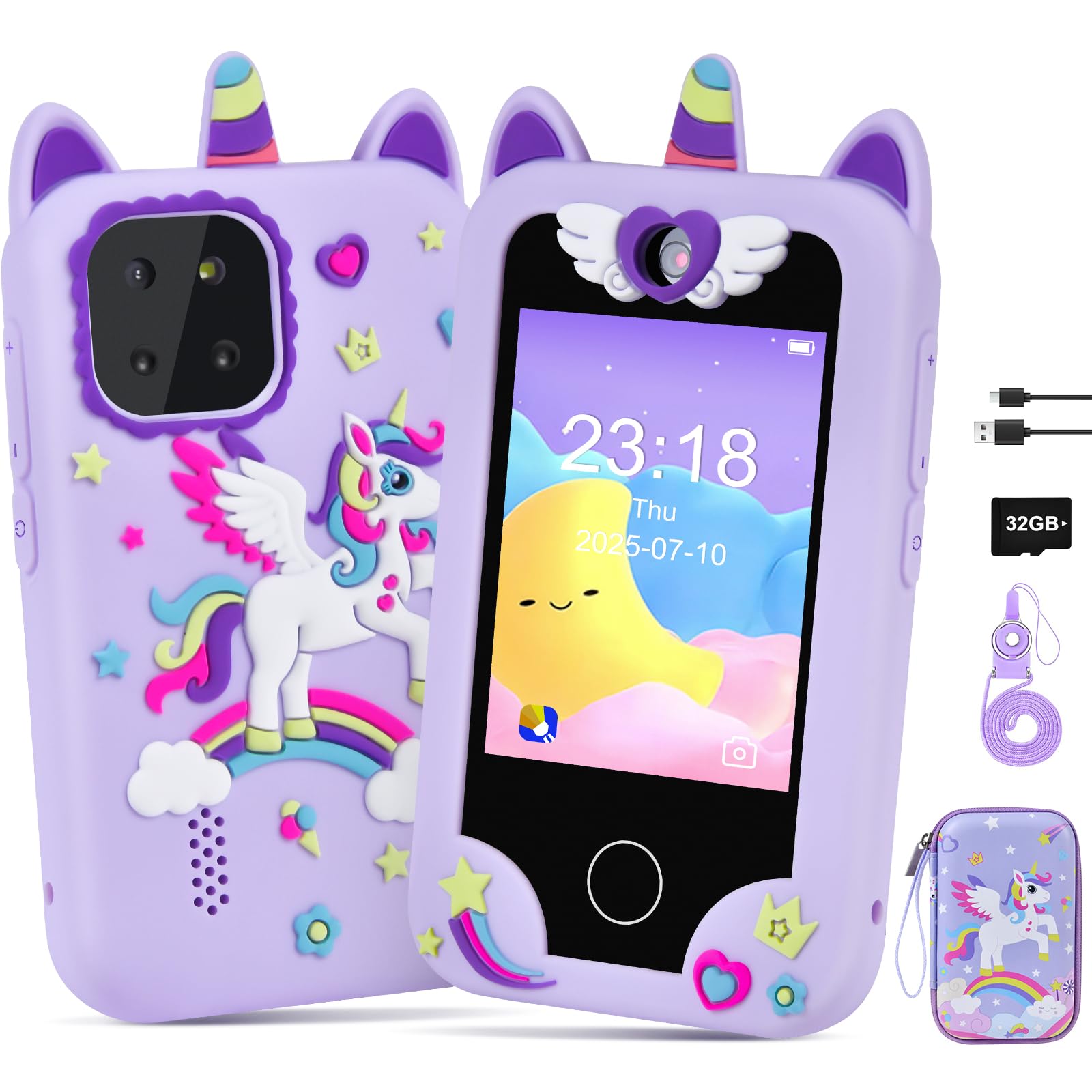 Jusvenmt Kids Smart Phone Girls, Toddler Phone Educational Toys Gifts for 3-10 Year Old Girl, 2.8" Touchscreen Kids Mobile Phones with Dual Camera, Game, MP3 Player, 32GB Card & Unicorn Bag PURPLE