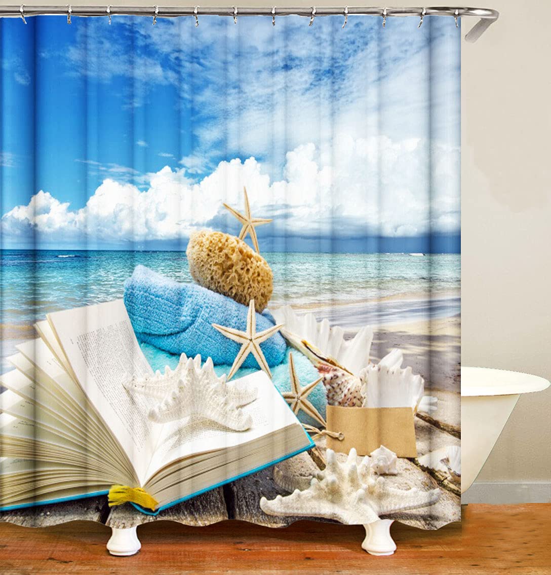 M&W DAS DESIGN Shower Curtain Beach Sea Star Summer Textile Curtain Book Wave Shell Anti-Mould Washable Shower Curtain 12 C-Rings Colourfast Weight Bottom 180 x 200