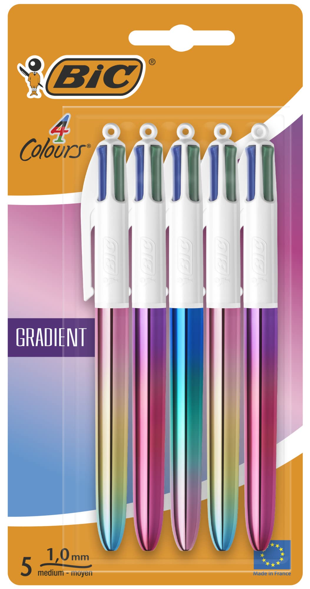 BIC 4 Colours Gradient Retractable Ballpoint Pens – Medium 1.0mm – Tri-Colour Gradient Barrel Designs – All-in-One Multi-Coloured Ink – Pack of 5