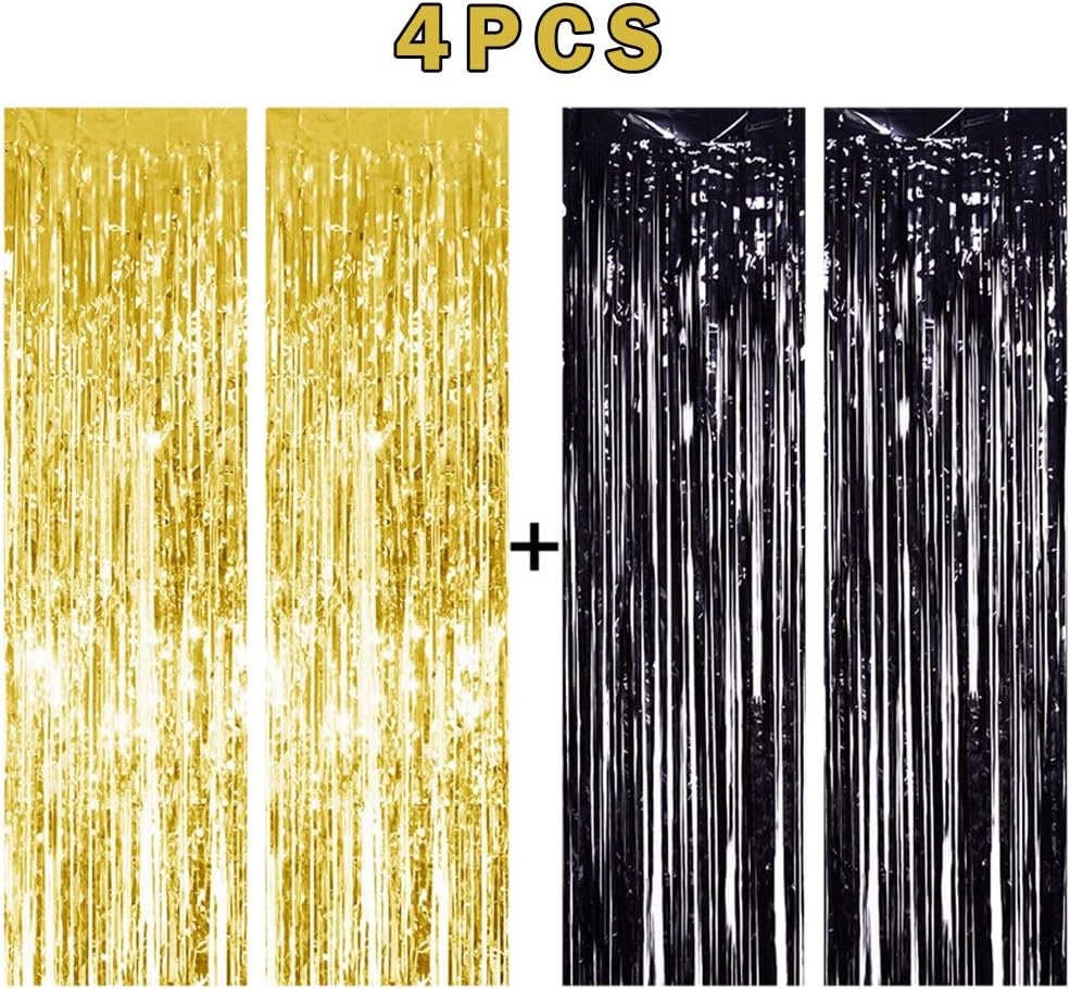 NPLUX 4PCS 3' X 6' Gold and Black Metallic Tinsel Foil Fringe Curtain for Wedding Birthday Gastby Party Decoration Backdrop