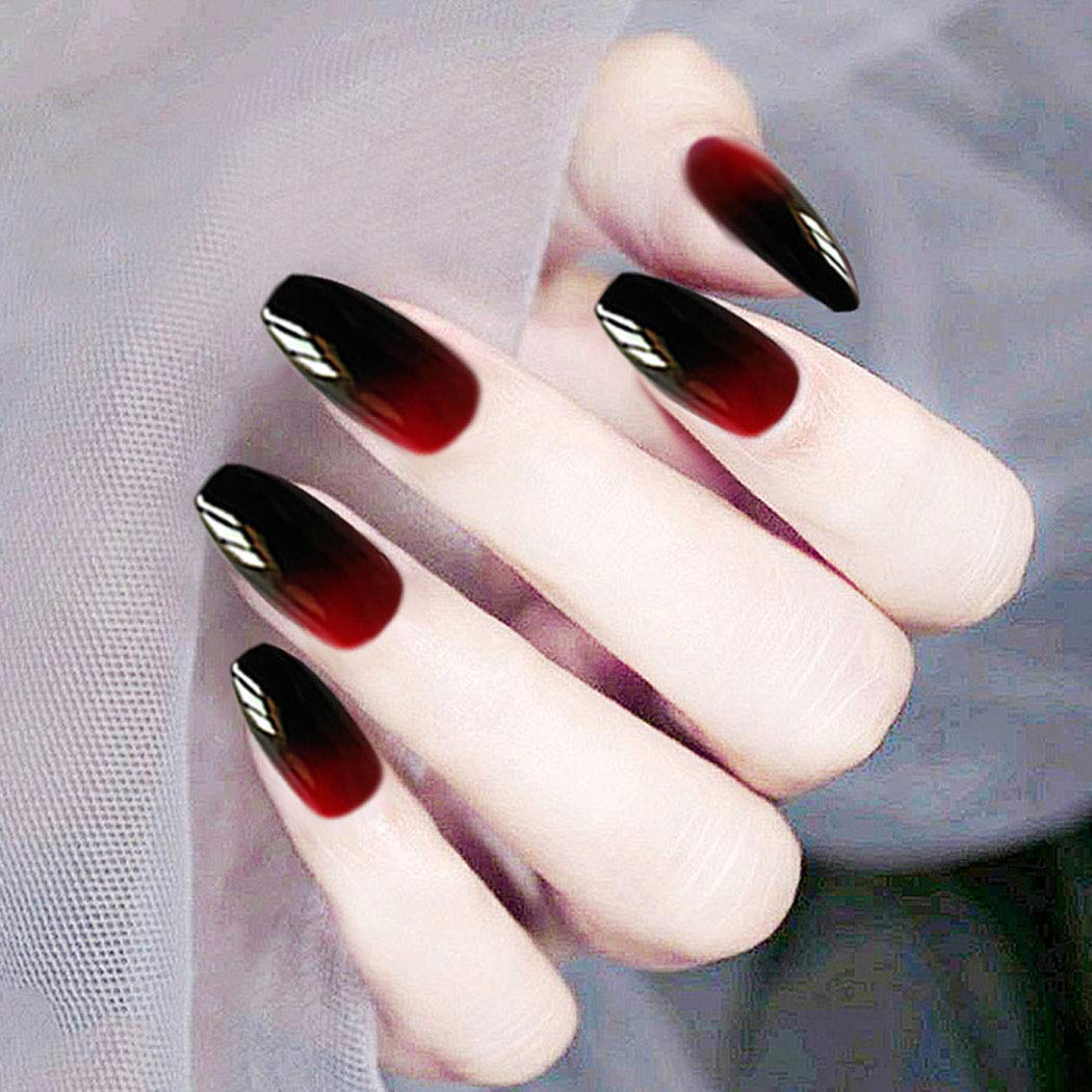Jovono Gradient Oval Glossy Black Red False Nails - Long Artificial Full Cover for Women and Girls (24PCS)