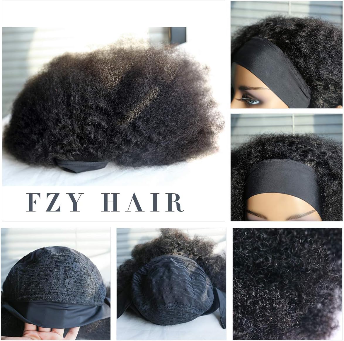 Headband Wig Human Hair 180% Density Curly Wigs for Black Women Glueless Wig with Band Brazilian Virgin Wear and Go Afro Kinky Curly Half Wig No Lace Front 10 Inch - Image 5
