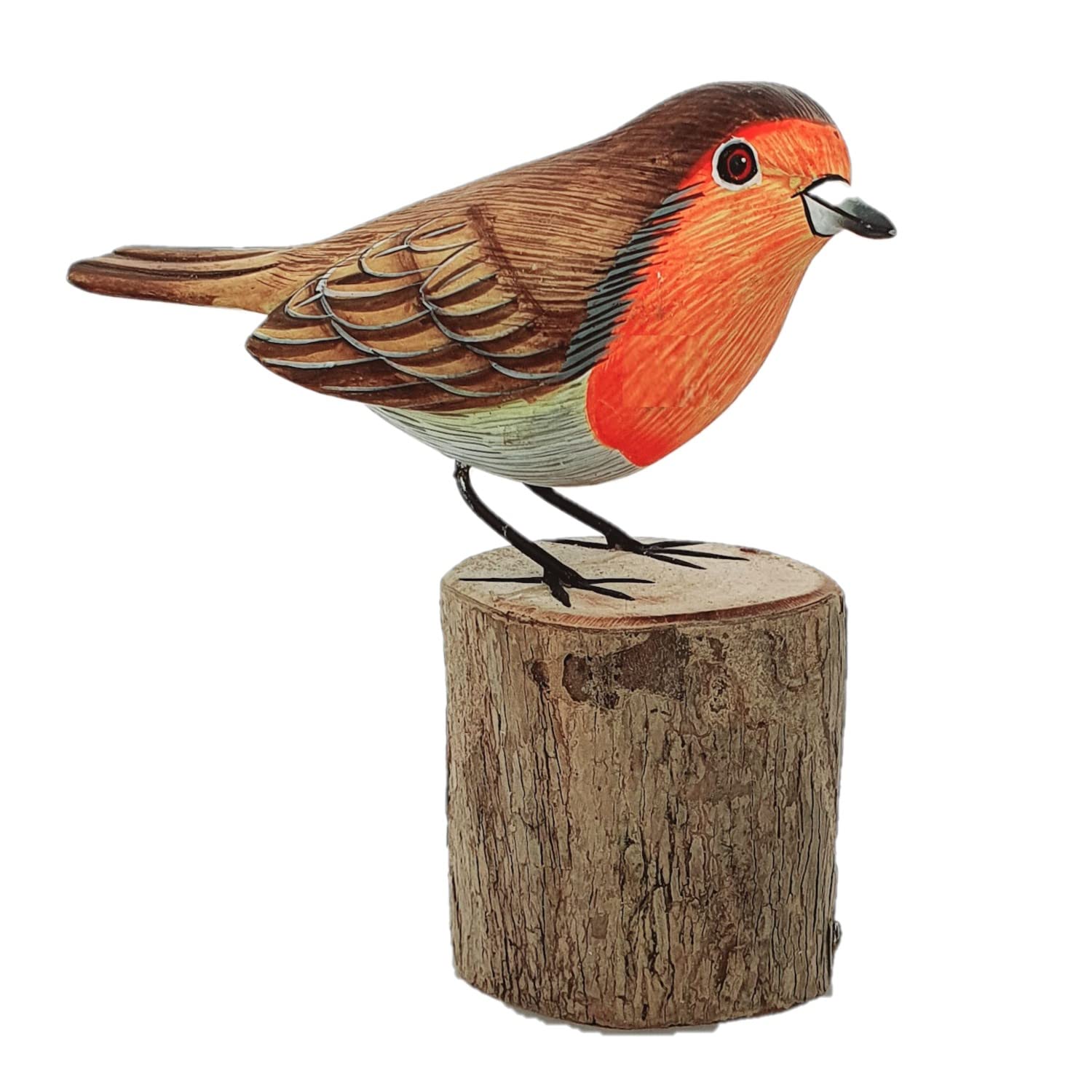 Wooden Realistic Bird Sculpture – Hand Carved Robin Ornament – Indoor Garden Décor – Natural Finish Gift –Realistic Songbird Ornament for Indoor Display – Natural Shelf Accent