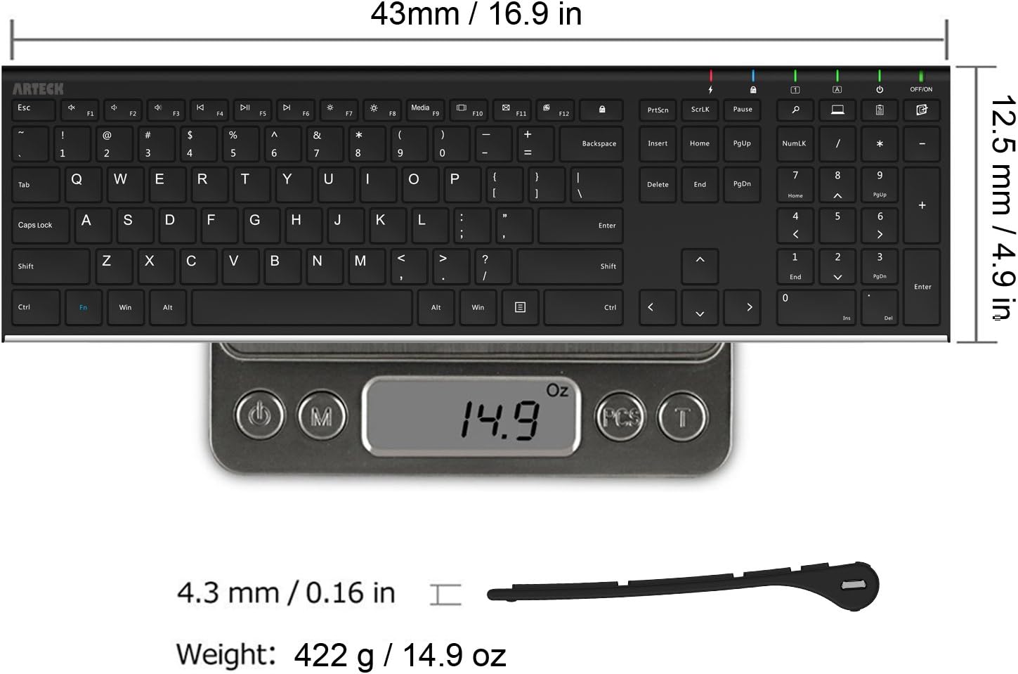 Arteck 2.4G Wireless Keyboard Stainless Steel Ultra Slim Full Size Keyboard with Numeric Keypad for Computer/Desktop/PC/Laptop/Surface/Smart TV and Windows 10/8/ 7 Built in Rechargeable Battery: Electronics
