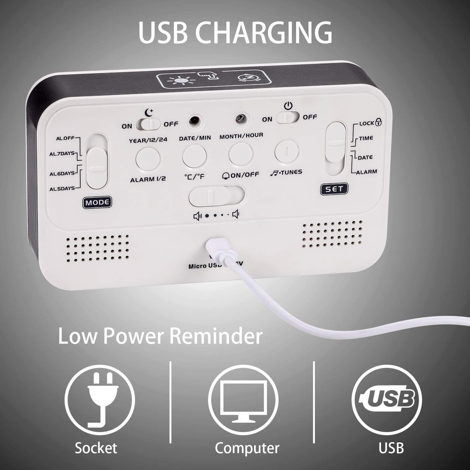 LCD Music Alarm Clock, Digital Clock for Bedroom with Dimmer, Snooze,Rechargeable Clock with Dual Alarm, Smart Touch Backlight,Adjustable Alarm Volume