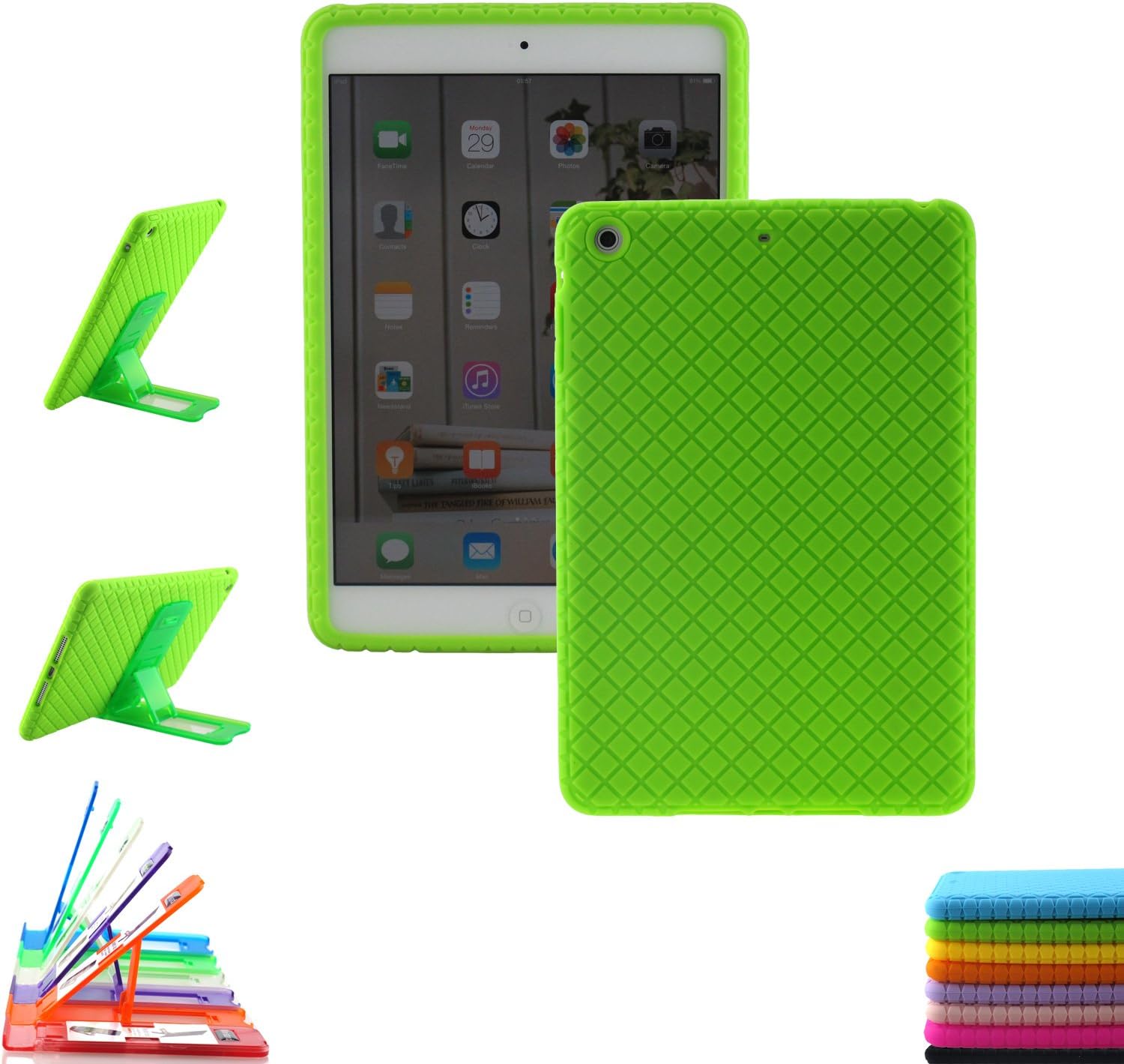 ScintiSpot iPad Mini 3/2 / 1 Back Case Cover, Silicone Rubber Protective Skin Soft Gel Bumper with Stand, Kids Friendly/Impact Resistant/Drop-proof/Shockproof (Green)