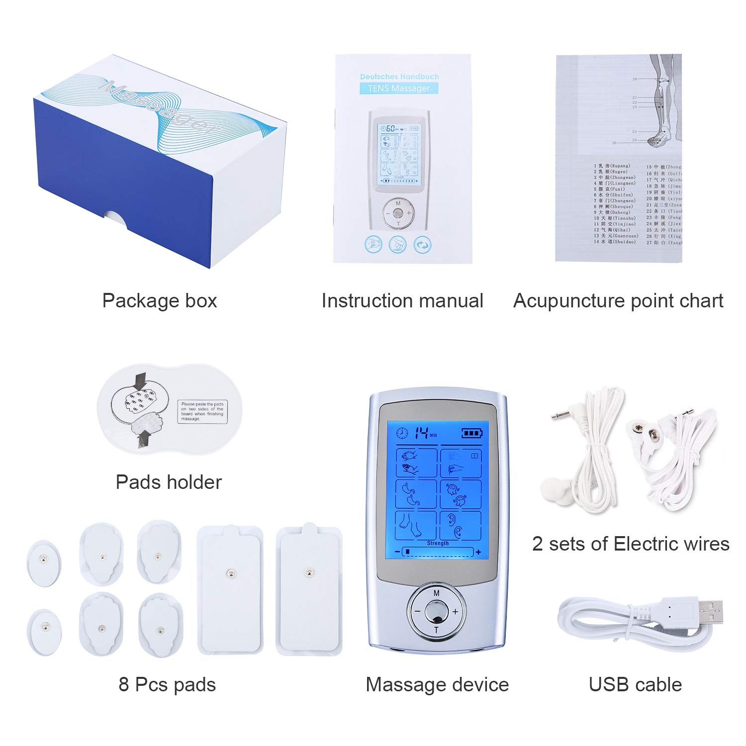 Électrostimulateur Tens Rechargeable Antidouleur Stimulateur Musculaire, Tens EMS Soulagement des Douleurs avec 16 Modes, 8 Électrodes et 20 Niveaux d’Intensité pour Massage Tension Musculaire