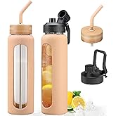 NOLOGLAZIC 32oz Glass Water Bottle with Straw and 2 Lids- Bamboo and Spout Lid,Motivational Sports Water Bottle with Silicone Sleeve and Time Marker,Reusable for Gym, Outdoors, Amber