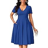 MarryUP Women's Casual Wrap Dress Wedding Guest Dresses with Pockets Short Sleeve A-Line Swing V-Neck Pleated Dresses