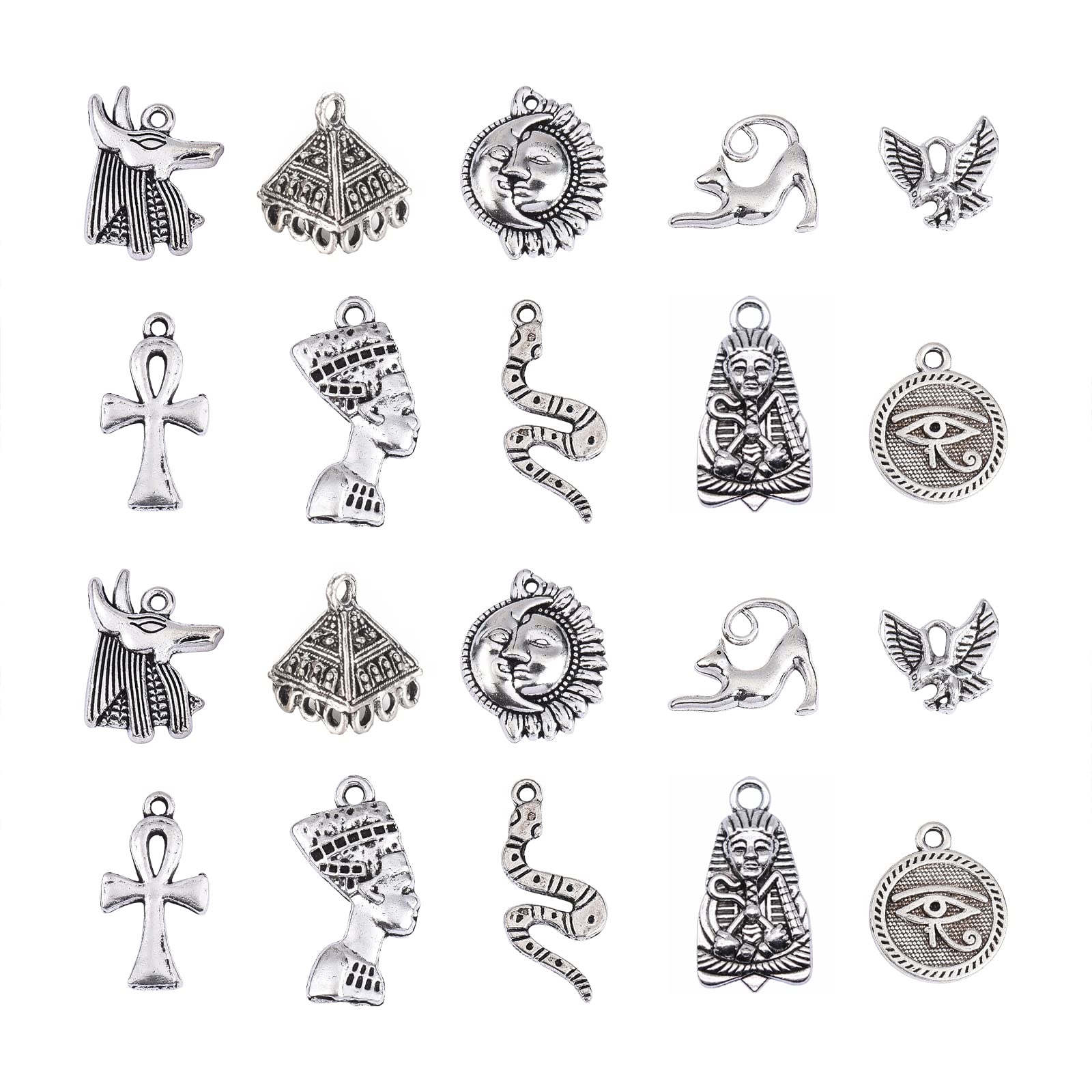 DanLingJewelry 100Pcs 10 Styles Egyptian Theme Antique Sliver Charms Pharaoh Pyramid Ankh Cross Evil Eye Snake Charms for Jewellery Making