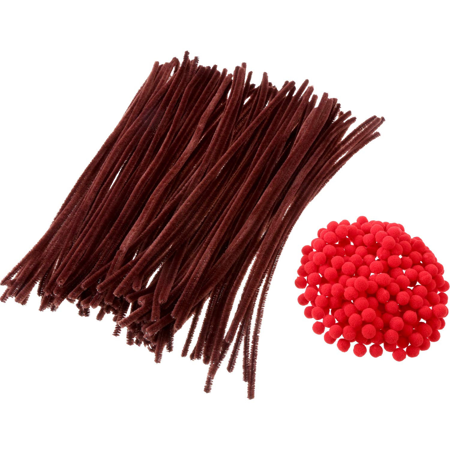 Brown Pipe Cleaners Chenille Stems and Red Pom Poms Fluffy Pompoms for Christmas Reindeer Crafts DIY Making Party Supplies(300 Pieces Set)
