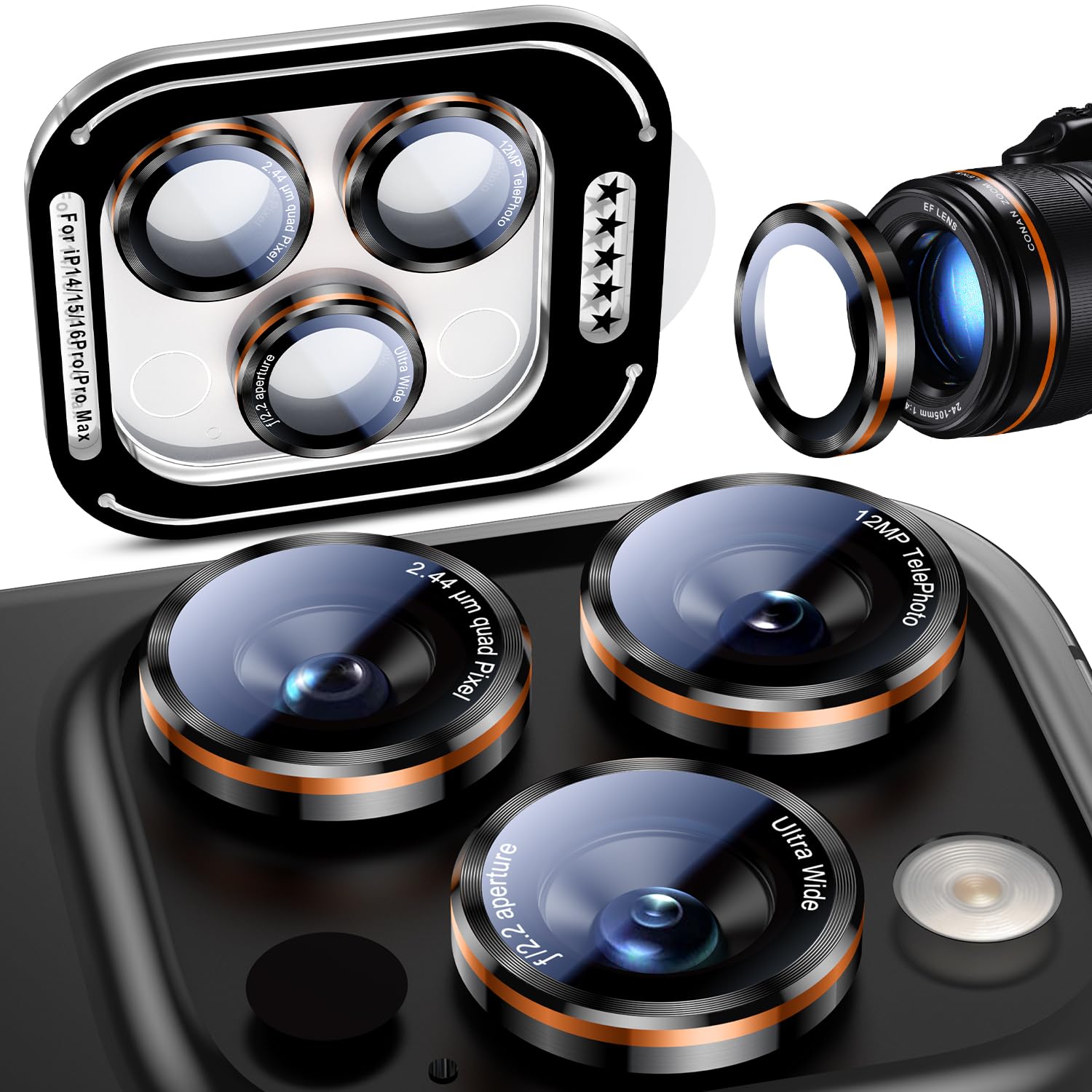 Uyiton for iPhone 17/16/15/14 (Pro Max & Pro) Camera Lens Protector - [Case-Friendly][Ultra-Thin] Military-Grade Tempered Glass Metal Camera Cover, Easy to Install, Black+Orange