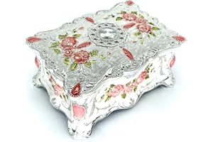 Truewon Jewelry Chest Rose Pastoral Style Metal Box Trinket Vintage Trinket Gemstone Storage Tray Treasure Souvenir Gift Case for Girls Women (White Pink Golden, Medium)