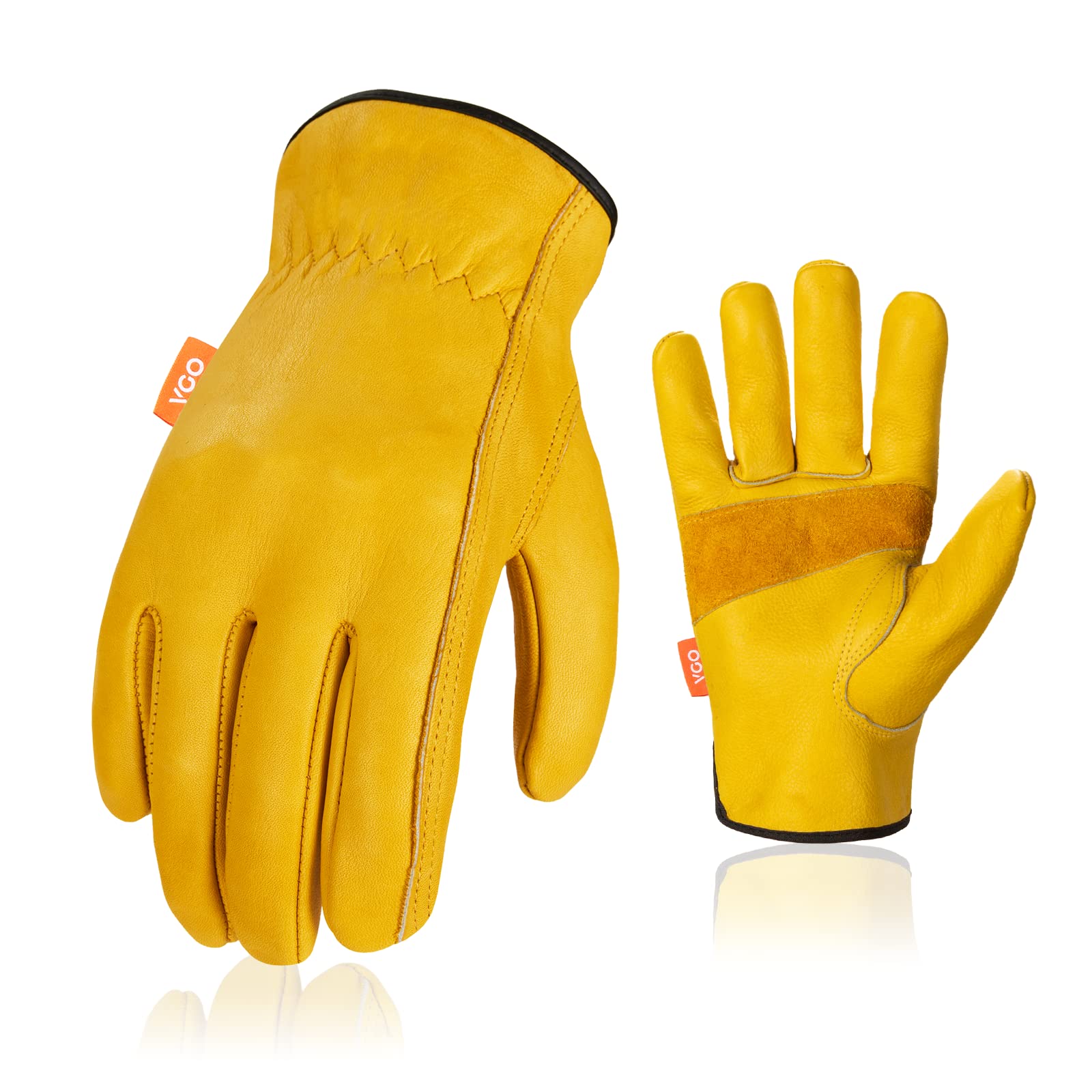 Vgo... Gardening Gloves Cowhide Thornproof, Safety Leather Work Gloves Antiabrasive for Rigger Building Garden Warehouse (Large (pack of 1), Gold-1pair)