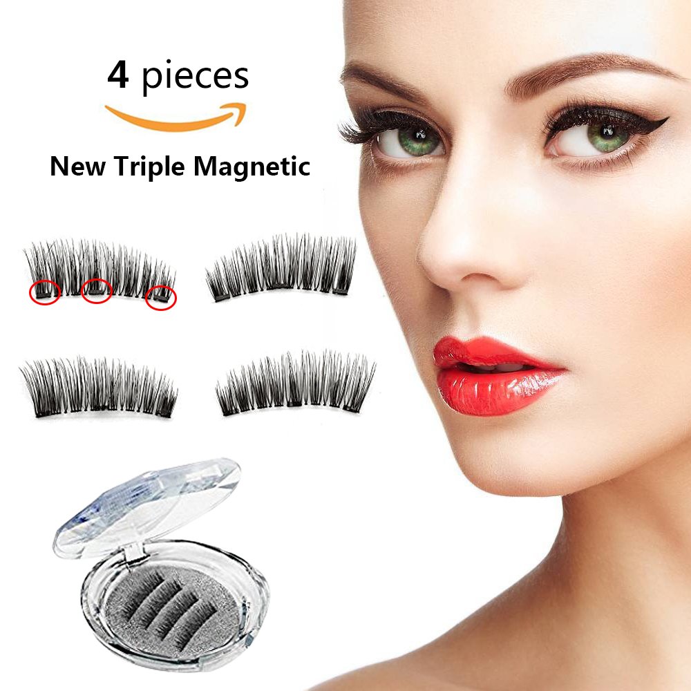 3 Magnetic Eyelashes Full Strip Fake Lashes Ultra Thin No Glue Reusable False Magnet Eyelashes Premium Quality for Natural Look (4PCS- THREE)