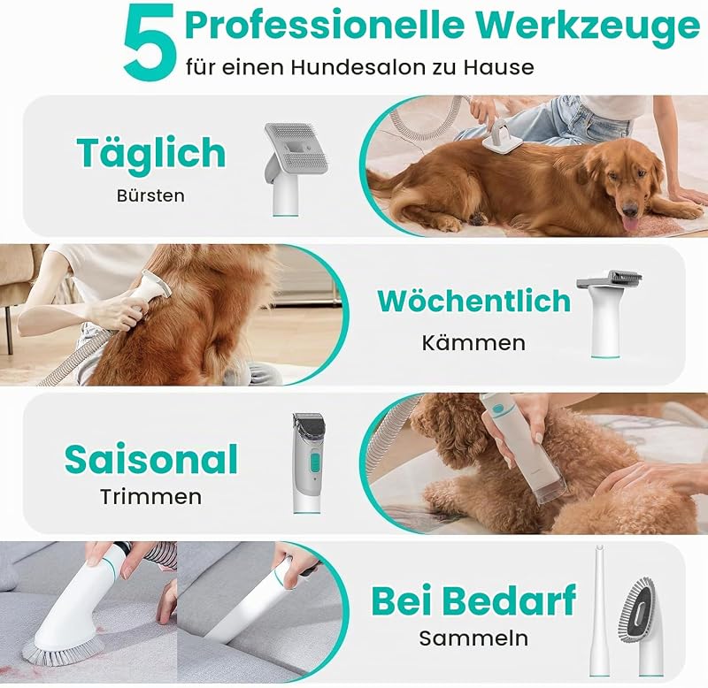 P1 Pro Hundeschermaschine mit Staubsauger, leise Schermaschine Hund Katze, Profi Haustierpflegeset, Tierhaarschneidemaschine, elektrische Hundetrimmer mit 5 bewährten Pflegewerkzeugen
