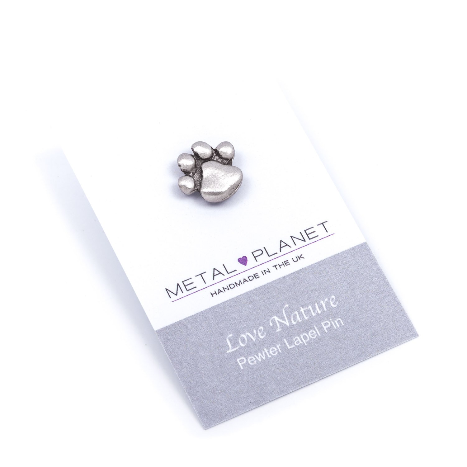 Pawprint, pewter pin badge by Luna London, UK. Gift
