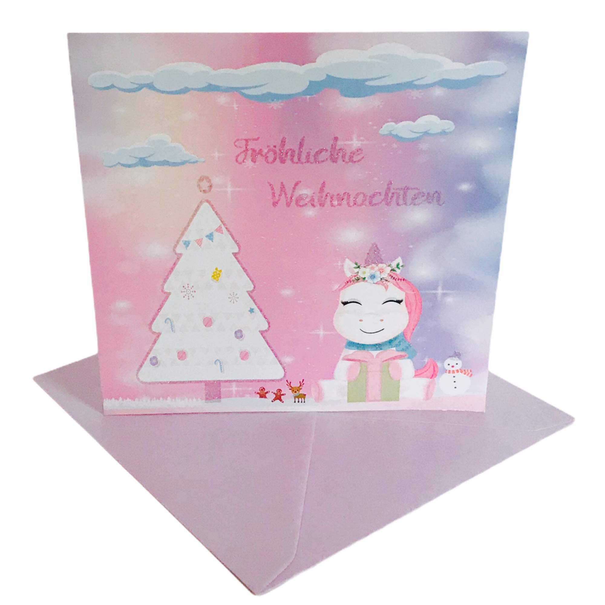 TryPinky® Unicorn Women Girls Gingerbread Man Rainbow Glitter Christmas Cards with Envelope Set with Purple Shiny Envelopes - Folding Cards Christmas Card Pink Unicorns (1)