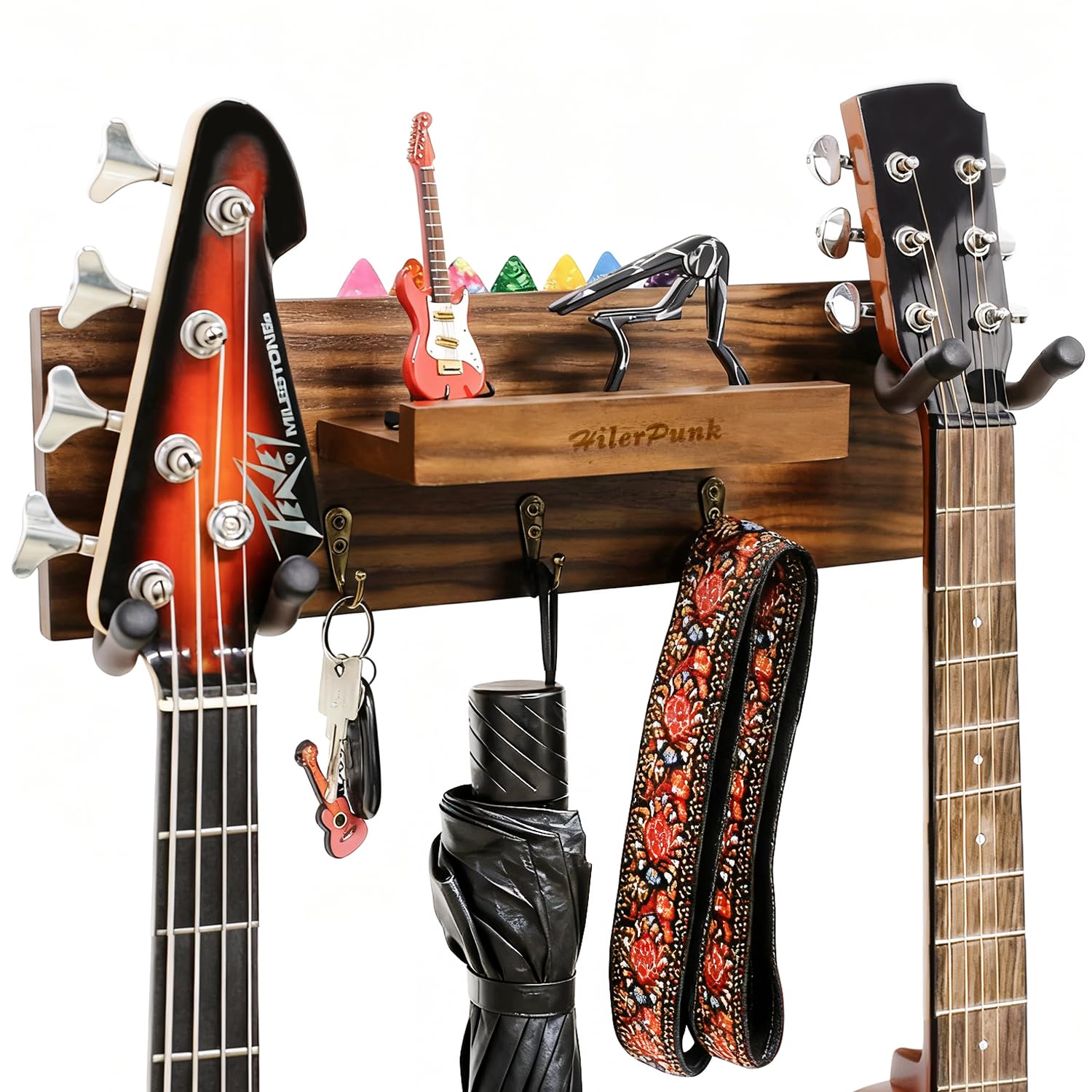 Guitar Wall Mount,Solid Wood Guitar Wall Hanger with 3 Storage Hooks and 2 Rotatable Rubber Guitar Hanger