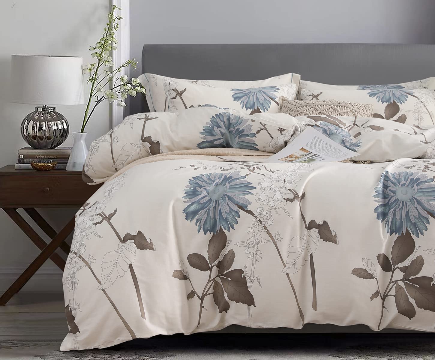 Photo 1 of SLEEPBELLA Duvet Cover King, 600 Thread Count Cotton Botanical Flowers Pattern Printed Reversible Comforter Cover