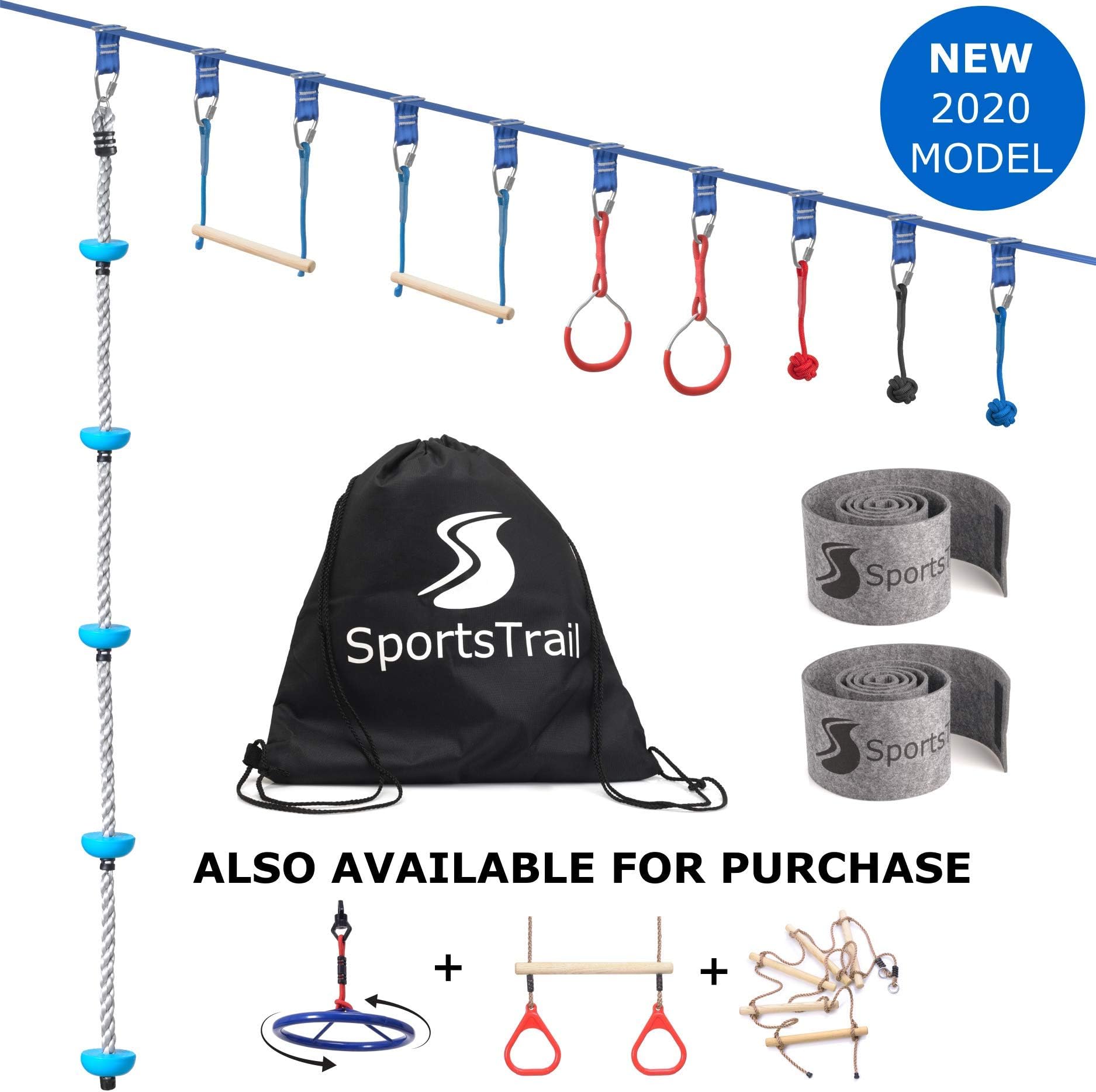 Ninja Warrior Obstacle Course for Kids 42' Slackline Kit, Jungle Gym Monkey Bars Kit for Kids and Adults + Climbing Rope, Warrior Training Equipment, Trapeze Swing, Gymnastic Bar, Rope Ladder, Wheel