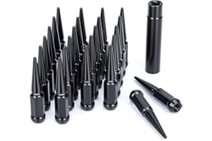Dynofit M14x1.5 Wheel Spike Lug Nuts, 24Pcs Black 14x1.5 Lug Nut, Cone/Conical Bulge Seat, Closed End Nuts with 1 Socket Key 
