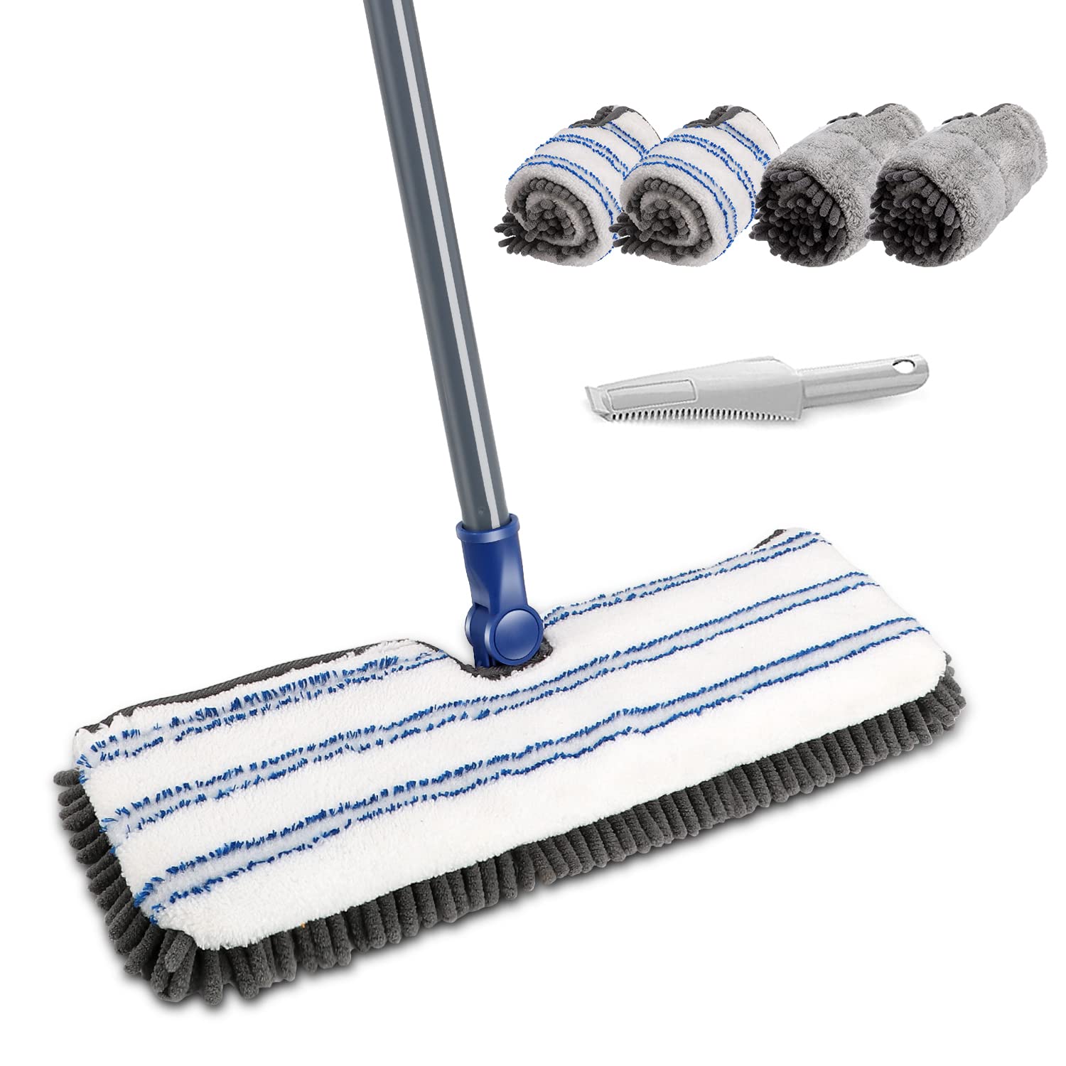 Masthome Chenille Flat Floor Mop, Large Microfibre Mop with Adjustable Stainless Steel Handle & 4 Reusable Washable Pads, Household Mops with Dirt Removal Scrubber for Hardwood Laminate Tile