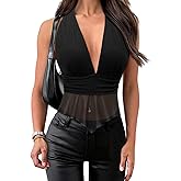 Nlife Women Halter Going Out Top Sexy Tie Backless Deep V Multi-Way Sheer Mesh Asymmetrical Party Club Concert Outfit