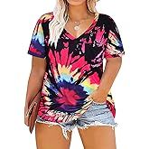 RITERA Plus Size Tops for Women Tie Dye Summer T Shirts V Neck Short Sleeve Casual Tee Tops with Front Pocket XL-5XL