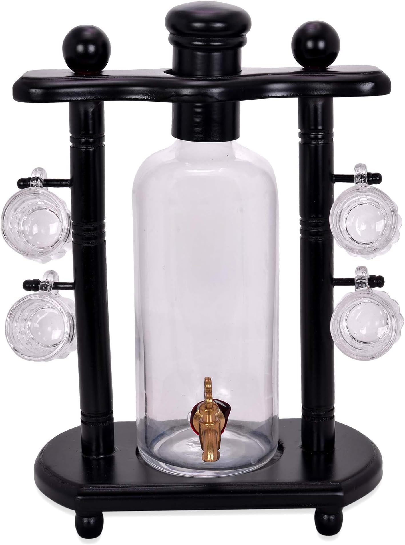 Scrafts Vintage Wooden & Glass Bar Set Of 1 Barrel Decanter (Holds Approximately 300 ml) and 4 Wine Glasses (30 ml Each) with Ship Style Rotating Black Tray Gift Set, Size: LxBxH(inch)- 6.5x5x6.5