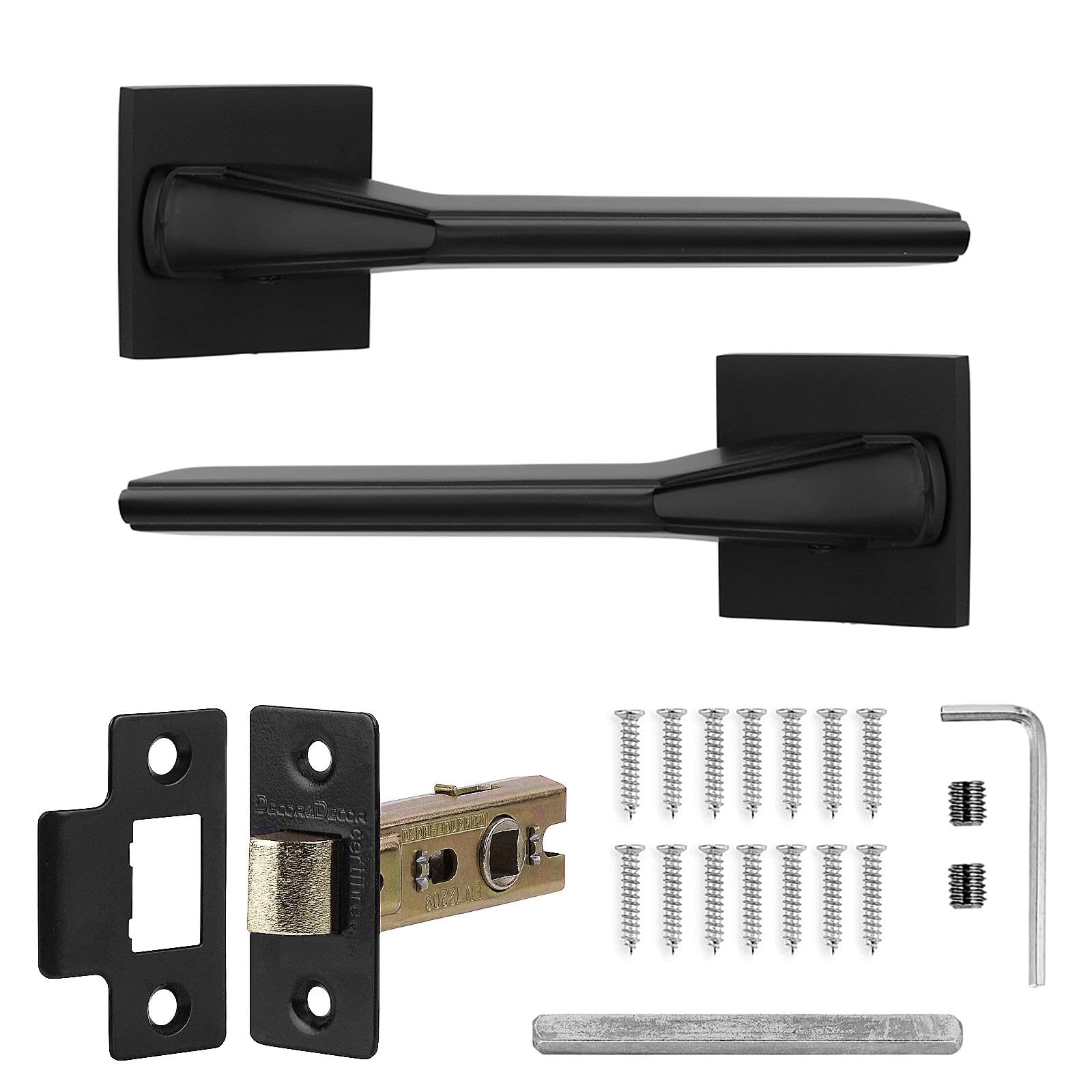 Decoranddecor Black Door Handles Internal – Aluminium Matt Black Door Handle Sets for Wooden Interior Doors | Internal Door Handles with Fire Rated Tubular Mortice Latch | Pera Range