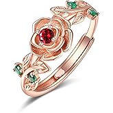 Zeuslia January Birthstone Jewelry Garnet Ring Sterling Silver Rose Rings for Women Rose Gold Flower Rings Adjustable Rose Ring Jewelry Gifts for Women