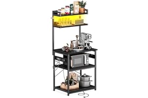 Casaottima Bakers Rack with Power Outlet & LED Lights, Coffee Bar with Storage 5-Tiers, Microwave Stand Kitchen Shelf 16.5 * 23.6 * 59 inches, Kitchen Coffee Rack, Black