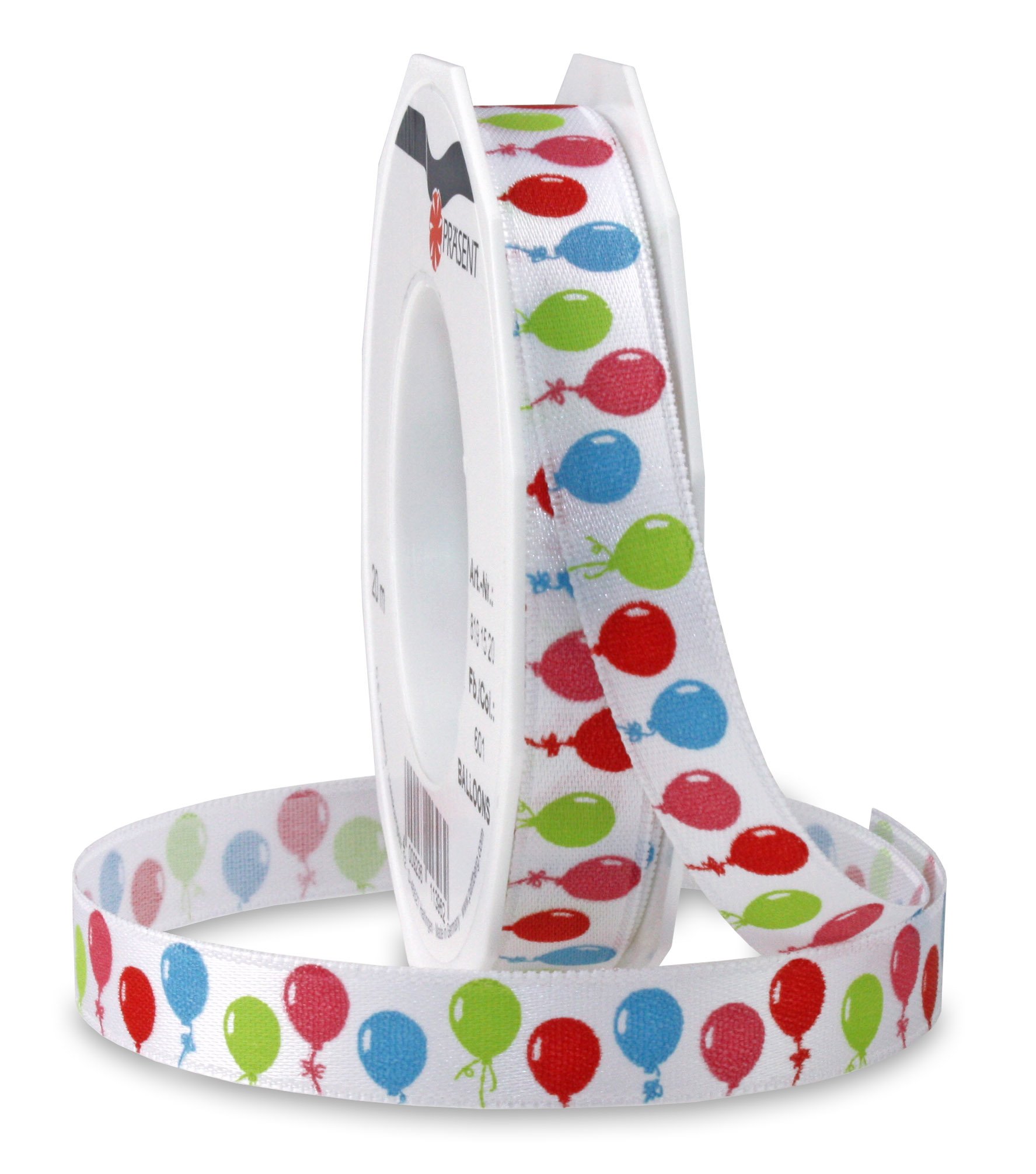 Präsent - Balloons Printed Satin Ribbon White 20-m-Roll 15 mm width