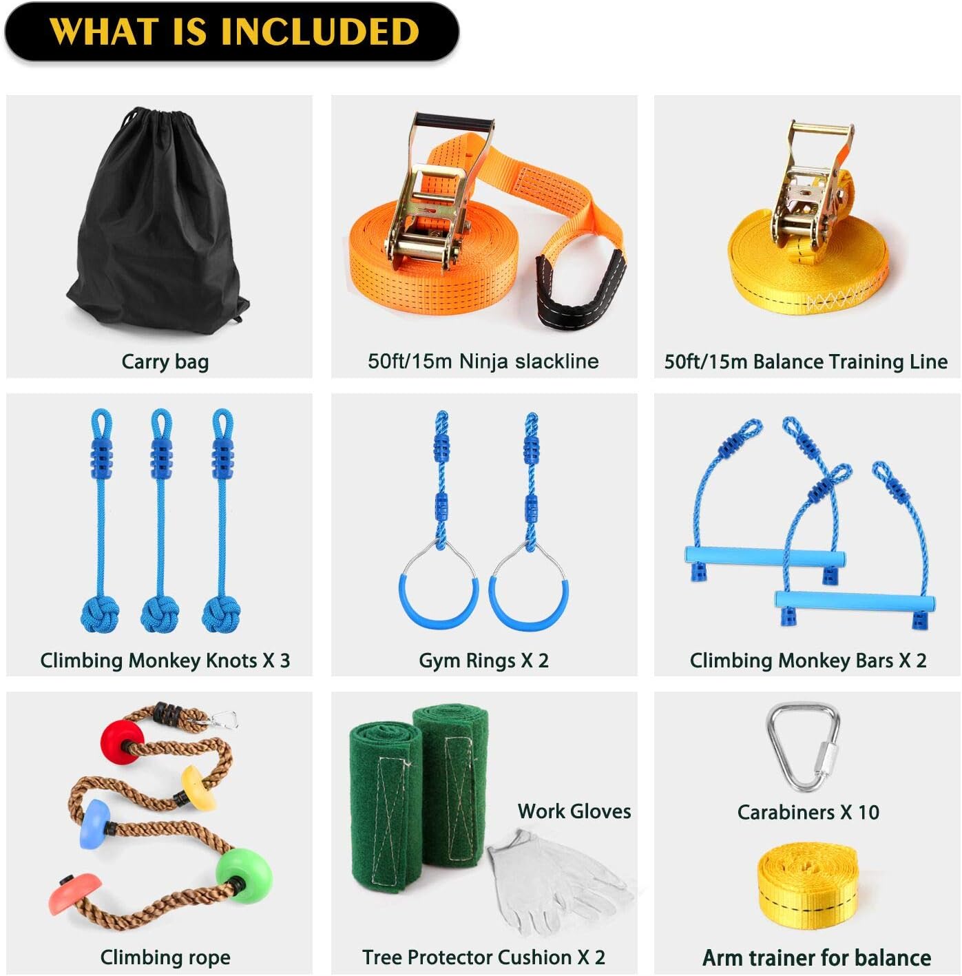 Odoland 50ft Ninja Slackline line with 8 Obstacle Course Setting, Outdoor Ninja Warrior Kit Training Equipment for Kids with Swing Rings Monkey Bars Ninja Knot and Climb Rope for Tree and Backyard: Kitchen & Dining