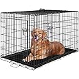 PayLessHere Large Dog Crate Kennel for Medium Large Dogs Metal Dog Cage Double-Door Folding Travel Indoor Outdoor Puppy Playpen with Divider and Handle Plastic Tray (48 Inch, Black)
