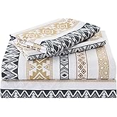 Yibeizi Striped Printed Sheet Set Queen, Boho Pattern Bed Sheets Farmhouse Bedding Sheets & Pillowcases Soft Microfiber 15" Extra Deep Pocket Fitted Bedsheet 4 Piece