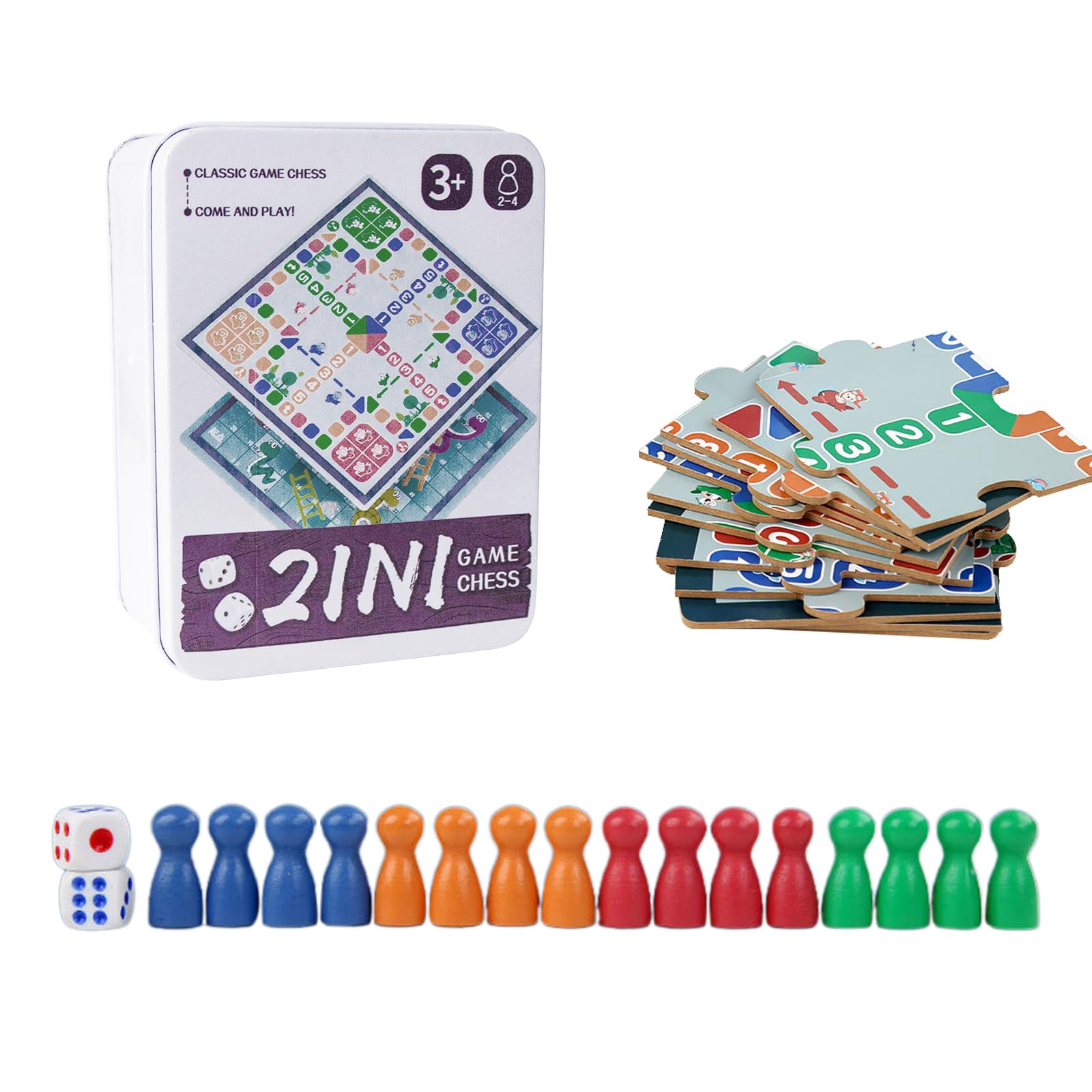 Andux 3-in-1 Flying Chess Game Set Jigsaw Chessboard Interactive Game in a Storage Tin THYX-01 (Flying Chess+Snake Chess+Jigsaw Chessboard)