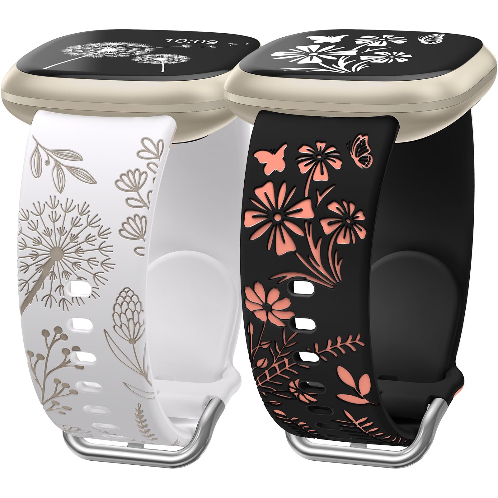 Wearlizer 2 Pack Floral Engraved Strap Compatible with Fitbit Versa 3 Straps/Versa 4 Straps/Sense 2/Sense Bands Women, Cute Two-Tone Flower Soft Silicone Sport Bracelet Starlight/Black Green/Black