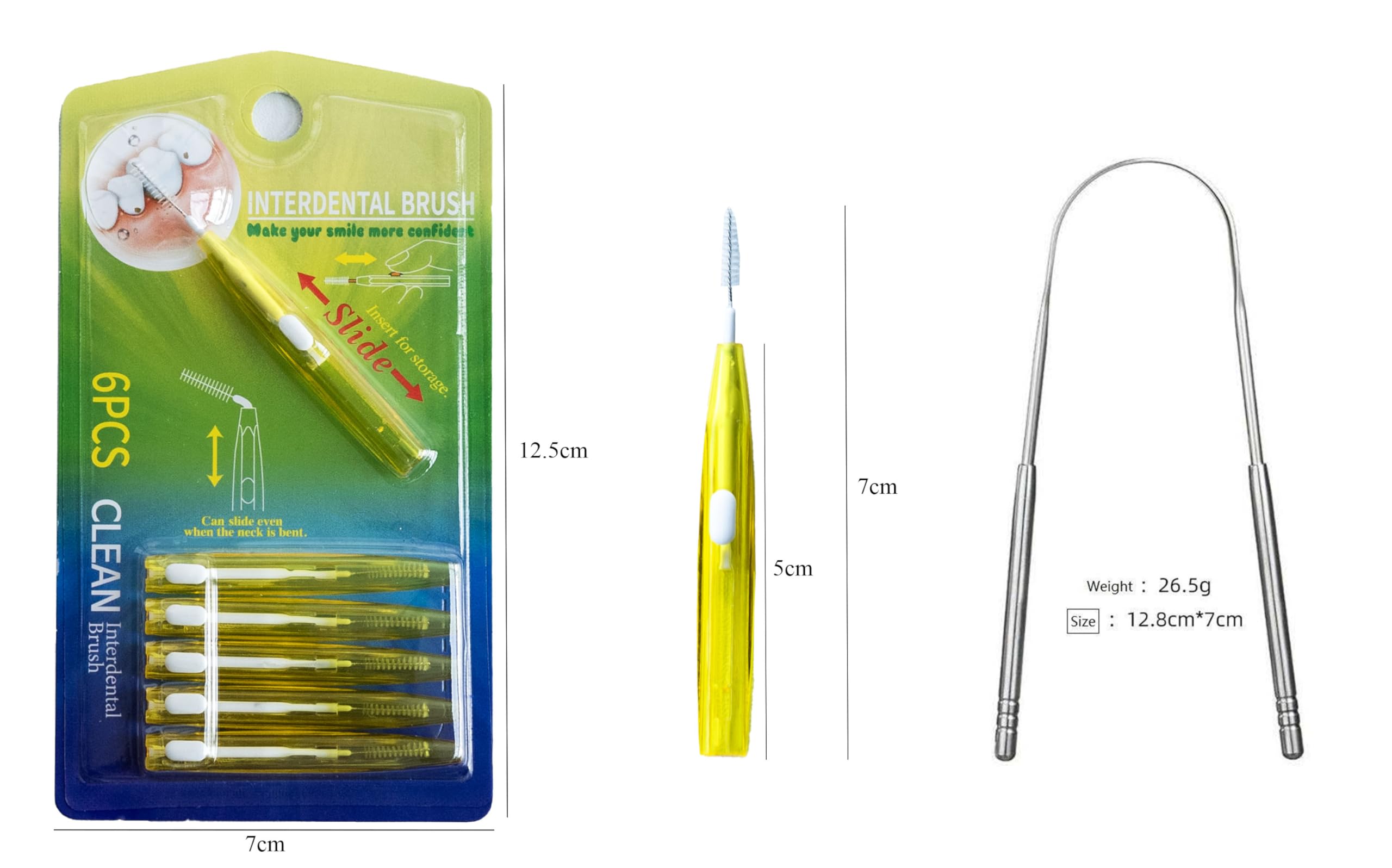 Push and Pull Interdental Brushes (Pack of 6) with Free Tongue Scrapper