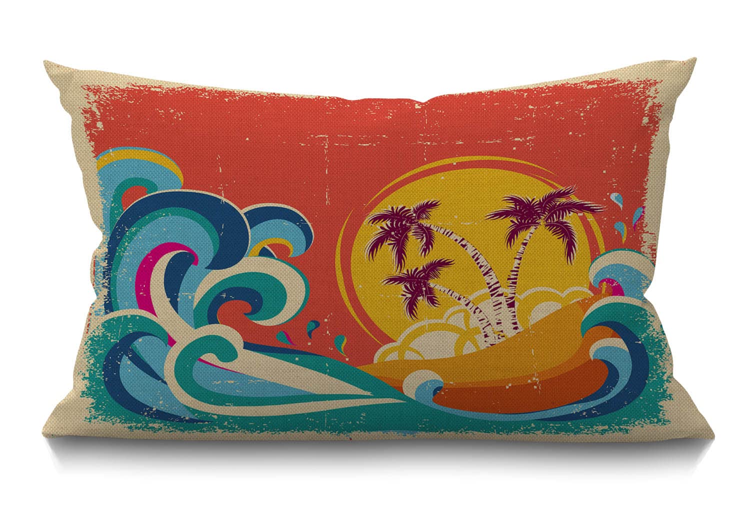 BGBDEIA Hawaii Beach Cushion Cover 12x20 Inch Vintage Palm Tree Sun Tropical Island Giant Wave Rectangle Pillow Cases Home Decorative Cotton Linen Throw Pillow Cover for Bed Sofa 30 x 50 cm