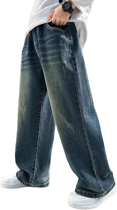 Rolanko Baggy Jeans Jungen, Weites Bein Elastischer Taille und Mehreren Taschen, Cargo Hosen Jeans für Kinder
