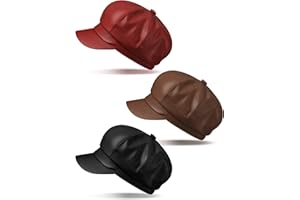 Funtery 3 Pcs Women Newsboy Hats PU Leather Visor Beret Cabbie Hat 8 Panel Vintage Women Fiddler Cap Faux Leather Baker Hat