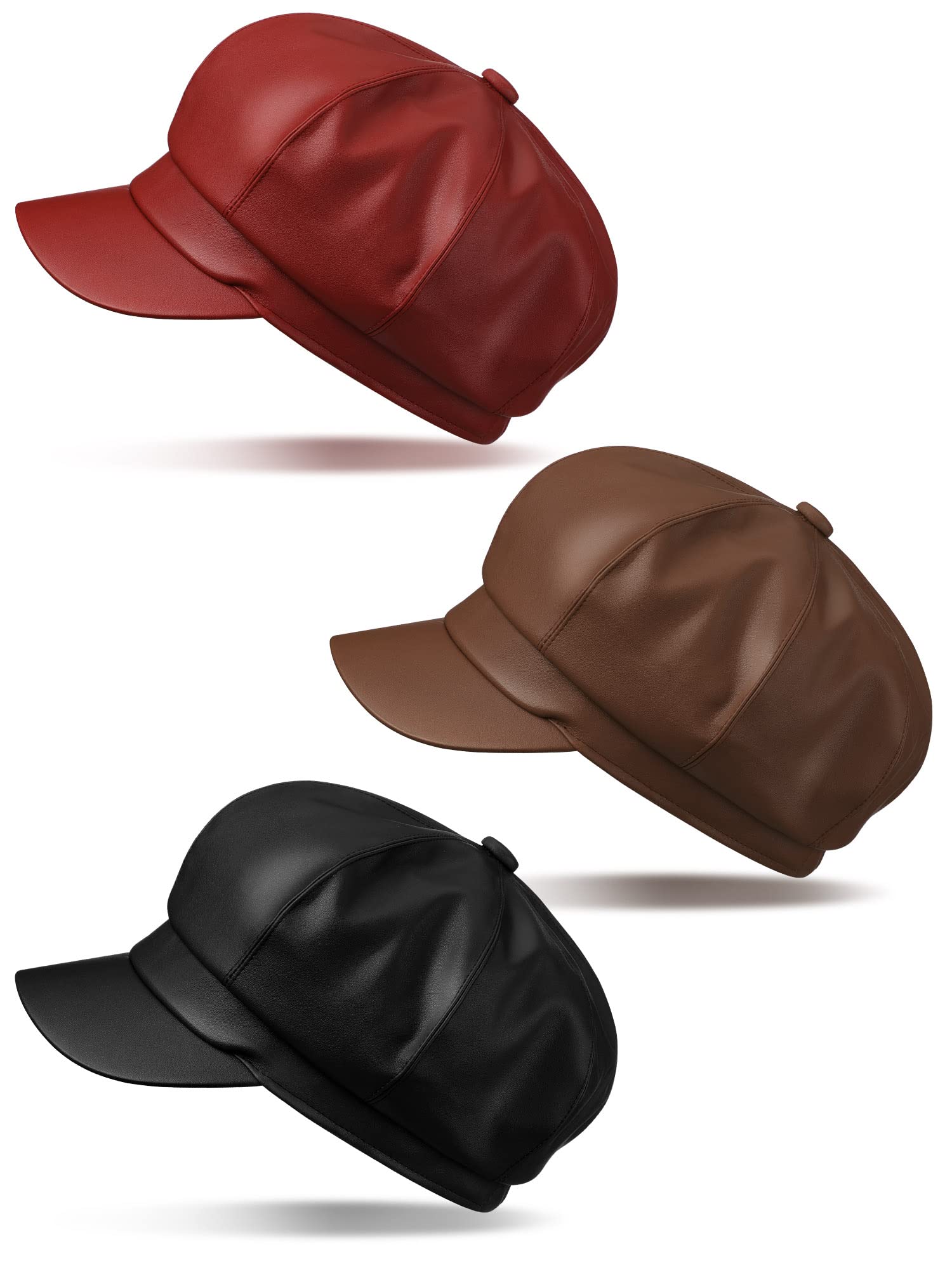3 Pcs Women Newsboy Hats PU Leather Visor Beret Cabbie Hat 8  display picture 1