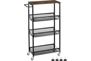 MOOACE Slim Storage Cart, 4 Tier Rolling Kitchen Shelving Unit on Wheels Mobile Narrow Cart with Wooden Tabletop for Bathroom, Laundry Narrow Places, 16.6''x 7.3''x 31.1''inch