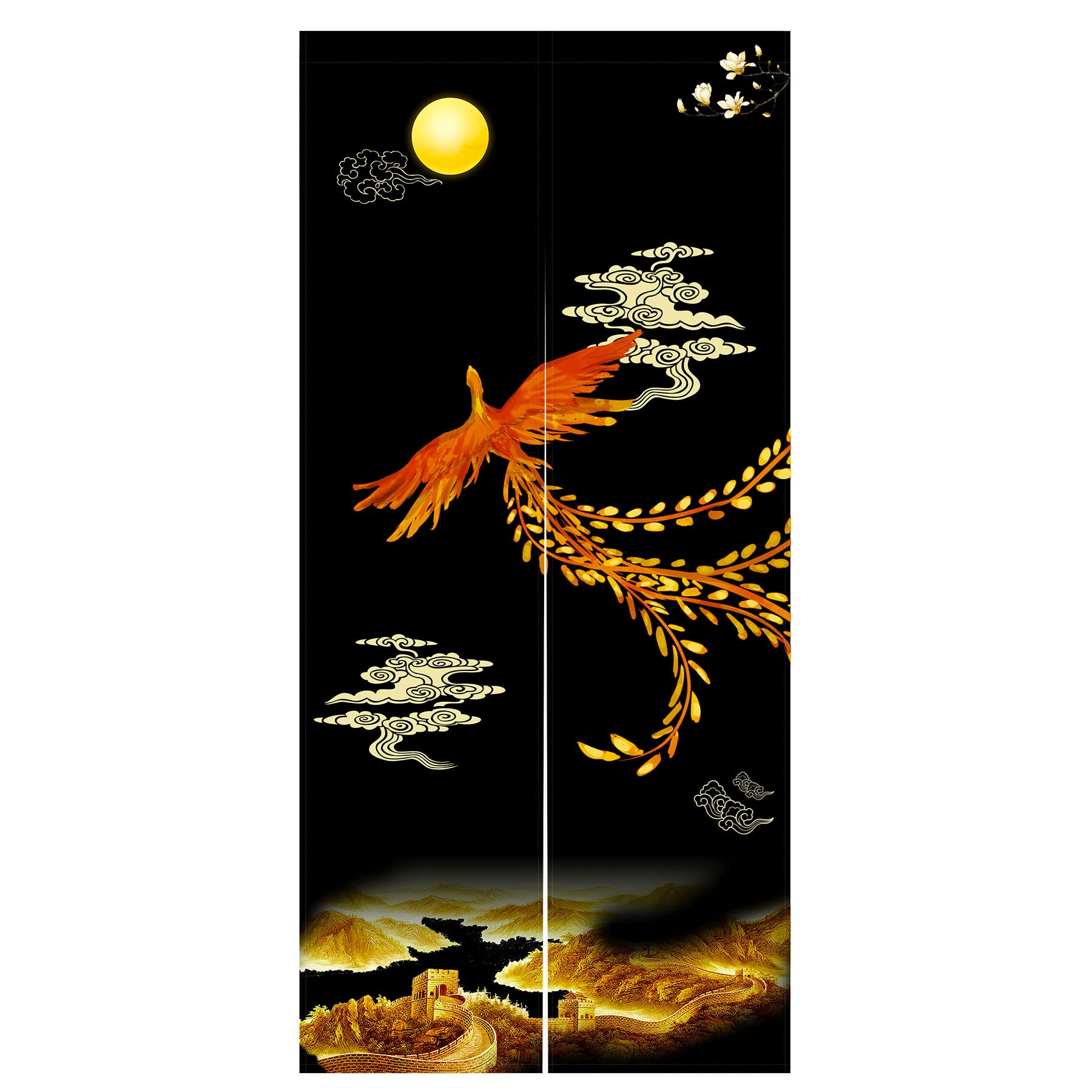 LIGICKY Chinese Style Japanese Noren Doorway Curtain Traditional Golden Phoenix Great Wall Full Moon Printed Asian Window Treatment Hanging Door Tapestry for Sushi Kitchen Home Decoration 85 x 180 cm